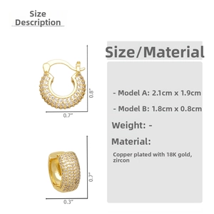 Size chart for U-shaped 18K gold plated earrings with zircon dimensions and material info