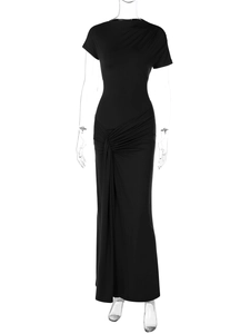 Close-up of black bodycon midi dress with pleated waist detail and short sleeves