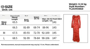 Size chart for floral print long dress with measurements for XS to L sizes