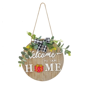 Wooden Welcome Home door sign with buffalo plaid bow and greenery for home decor