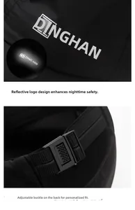 Close-up of the adjustable strap buckle and reflective logo print on black baseball cap