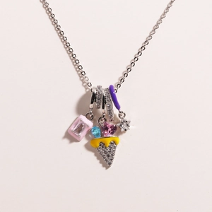 Silver titanium steel necklace featuring colorful zircon pendants and enamel ice cream charms