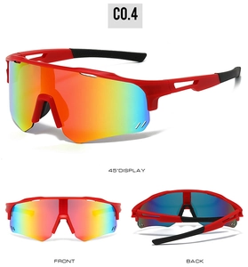 Detailed views of red cycling sunglasses with colorful mirrored lenses and non-slip temples