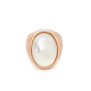 Elegant rose gold stainless steel ring with oval white shell inlay on white background