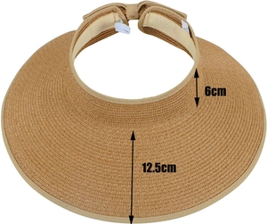 Dettaglio della chiusura in velcro e del fiocco sulla visiera parasole in paglia
