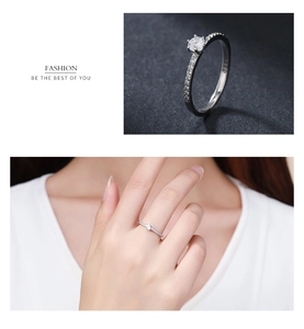 Close-up of S925 sterling silver six-prong ring with sparkling cubic zirconia on model