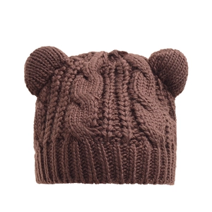 Women's dark brown knit beanie with cat ears and stylish cable knit texture