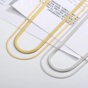 Double-layered 18K gold and silver flat snake chain necklace for women in minimalist style