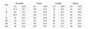 Size chart for men's corduroy shirt including shoulder, chest, length, and sleeve measurements
