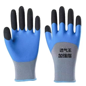 Detail of latex coated work gloves with textured grip and breathable knitted fabric