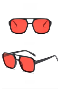 Retro square double-bridge sunglasses with black frames and red transparent lenses