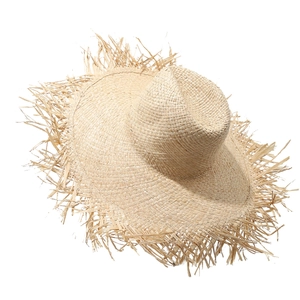 Chic beige wide-brim raffia straw hat with frayed edges for summer beach vacations