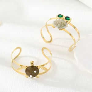 Stainless Steel Open Bangle Bracelet Owl Sea Turtle Animal Design For Women Gold Plated Enamel Artificial Pearl Gemstone Jewelry
