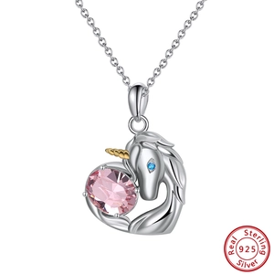 925 sterling silver unicorn heart necklace with pink crystal and gold accents