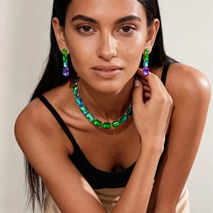Luxury geometric crystal necklace and earrings set with multicolor emerald and sapphire hues