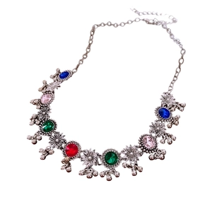 Bohemian silver sunflower necklace with multicolored stones and hanging bead charms