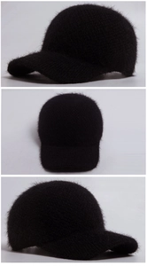Three-angle view of fuzzy black faux fur baseball cap with soft knit texture