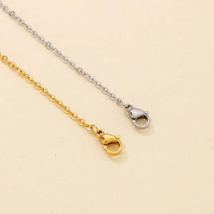 Detail view of the lobster clasp closure on gold and silver stainless steel necklaces