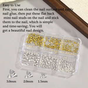 Detail of 3D gold and silver nail art studs in 1.5mm to 3.0mm sizes for DIY design