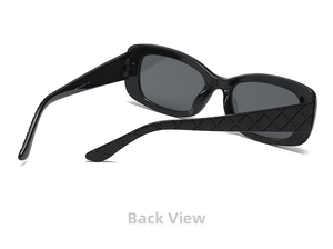 Detail view of black square sunglasses featuring quilted texture temples and lens specs
