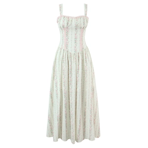 Vestito Maxi Floreale Spalline Sottili Pizzo Scollo Cuore Vita Alta Cottagecore Francese Retrò Estate Donne