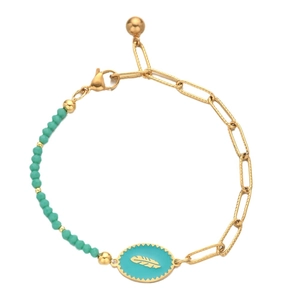 Golden paperclip chain bracelet with turquoise beads and enamel feather pendant charm