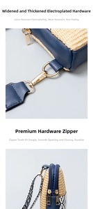 Close-up of golden hardware details and navy leather trim on a woven straw bag