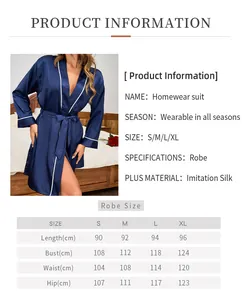 Detailed size chart for silk imitation long sleeve robe showing length, bust, and hip in cm