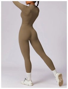 Detailed back view of coffee brown zip-up high-stretch compression yoga bodysuit