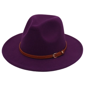 Close-up of purple cashmere fedora hat with brown leather belt and golden buckle detail