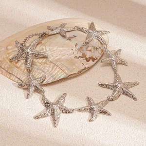 Detail of silver starfish necklace links and adjustable chain in a sea shell display