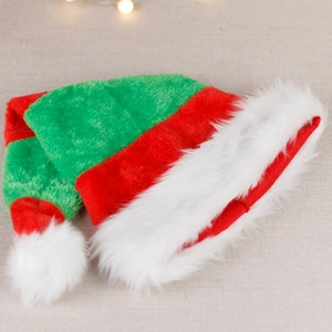 Long red and green striped Santa hat with white faux fur trim and plush pompom details