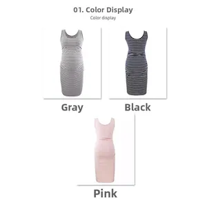 Maternity sleeveless striped dresses in grey, black, and pink color options