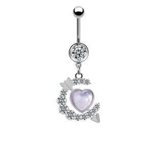 Silver belly button ring with purple glitter heart and Cupid arrow with tiny diamonds