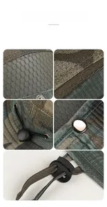 Détail d'un chapeau de soleil camouflage avec mesh respirant, mentonnière et boutons