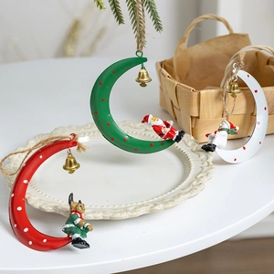 Christmas moon hanging decorations with Santa Reindeer Snowman and bells set of 3
