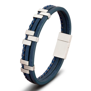 Men's multilayer blue leather bracelet with woven cord and magnetic silver clasp