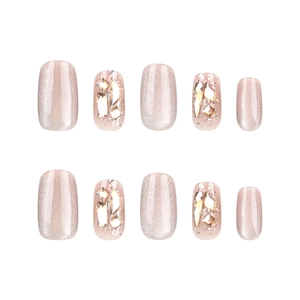 Short square champagne cat eye press-on nails with luxury diamond rhinestones