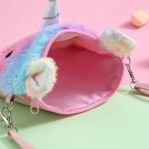 Rainbow plush unicorn crossbody bag with zipper and pink strap for children