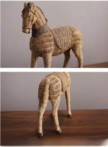Close-up of European retro resin horse statue with detailed faux rattan weave texture