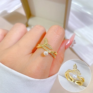 Fishtail Artificial Pearl Adjustable Ring Brass Gold Plated Micro Inlaid Zircon Elegant Ins Style Jewelry Gift For Women