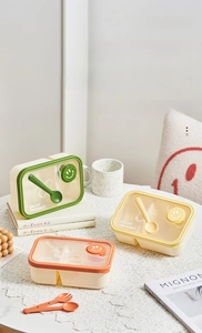 Detail of double-layer lunch box with built-in spoon and smiley snap buckle design