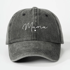 Detail of grey washed baseball cap with white Mama script and heart embroidery