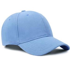 Detailed side view of a light blue six-panel cotton twill baseball cap on white background