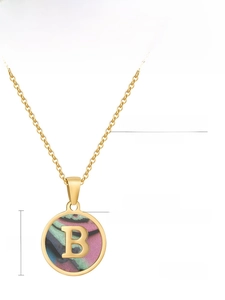 Detail view of 18K gold plated stainless steel letter B shell pendant with measurements