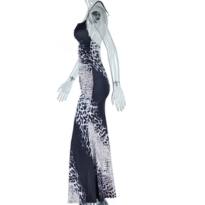 Side view of backless leopard print bodycon maxi dress showing sleek fabric and silhouette