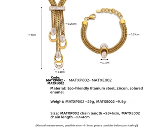 Detailed specs of gold titanium steel jewelry set with dimensions and mesh chain details