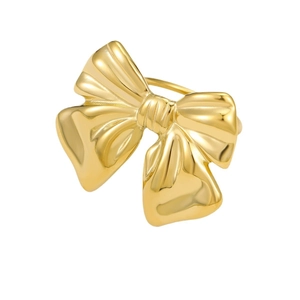 Polished gold stainless steel bow ring with mirror finish on white background