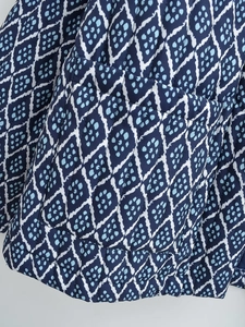 Detail of blue and white geometric quilted fabric showing the pocket and stitch texture