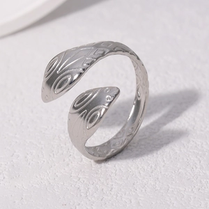 Silver stainless steel snake-shaped open ring with intricate engraved textures for women